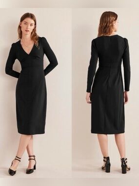 Boden  Jersey Long-Sleeve V-Neck Midi Dress, sz 12, black